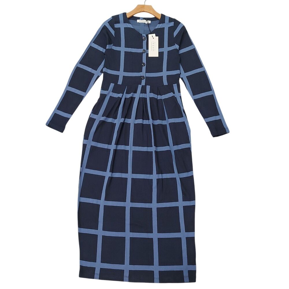 Masai Copenhagen Midi Dress Womens Medium Blue Grid Checked Long Sleeve Stretch